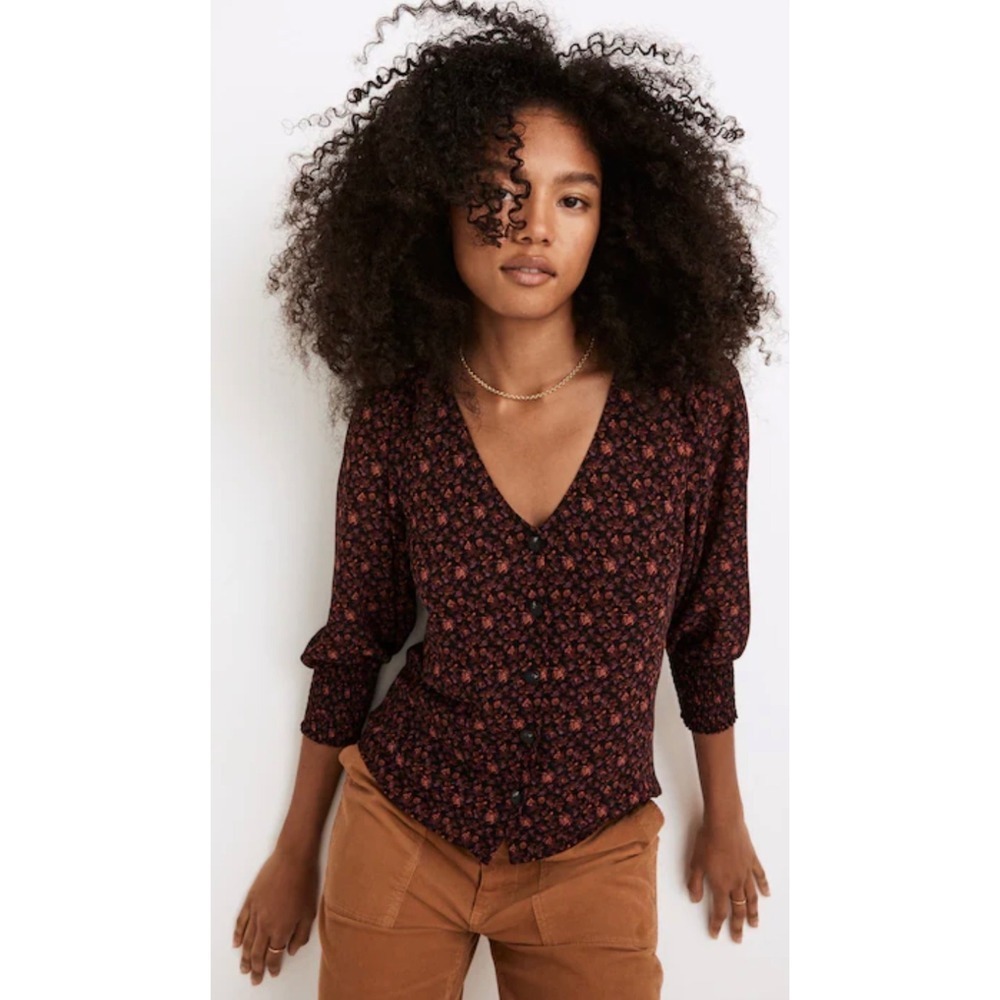 Madewell Women's Sz 4 Dark Floral V-Neck Romantic Soft Grunge Boho Top Smocked
